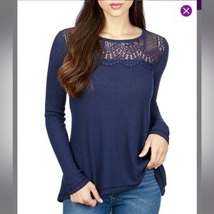 Lucky Brand size small American navy lace yoke thermal waffleknit top